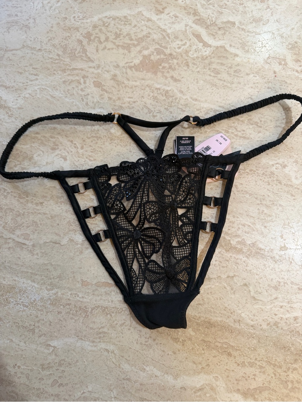 Victoria's Secret Black Floral Lace Strappy Thong